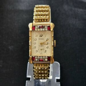 VTG Norman 17 Jewels Gold Tone Red Rhinestones Faceted Manual Tank Watch Runs